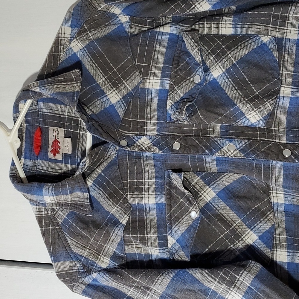 Field N Forest- Mens Pearl snap Blue/Gray Flannel Western Plaid Classic Sz.Large - Picture 2 of 6
